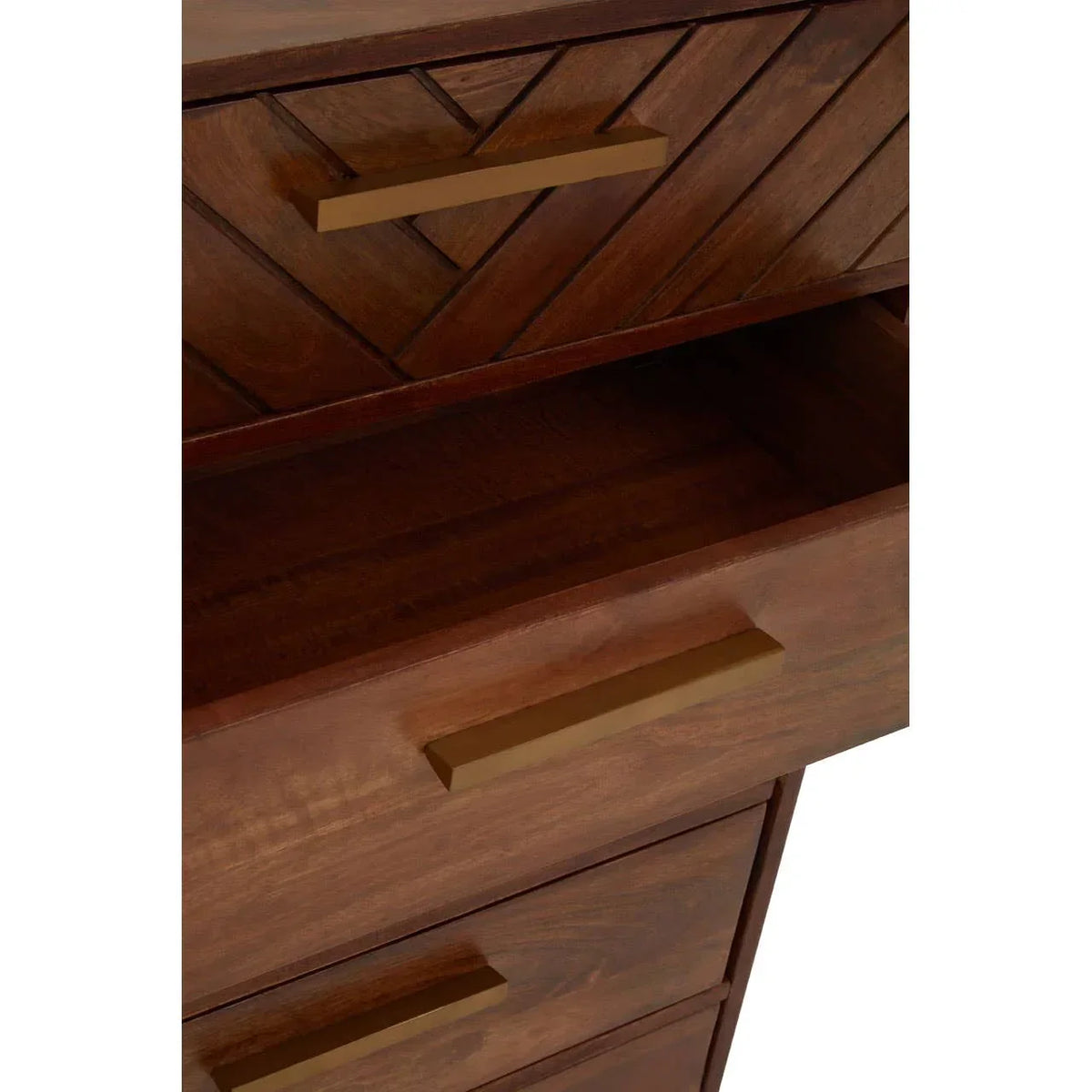 Wooden chest of drawers with brass handles and herringbone front detail, open top drawer