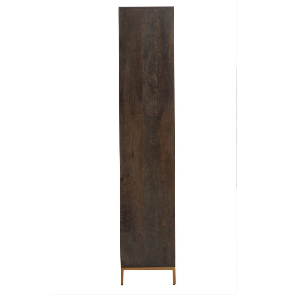 Tall cabinet made of mango wood with a grey finish, featuring a sleek, minimalist design and standing on slender legs. The cabinet has a smooth surface and a rich wood grain texture, emphasizing its natural beauty