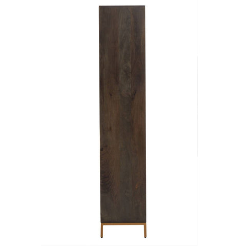 Tall cabinet made of mango wood with a grey finish, featuring a sleek, minimalist design and standing on slender legs. The cabinet has a smooth surface and a rich wood grain texture, emphasizing its natural beauty