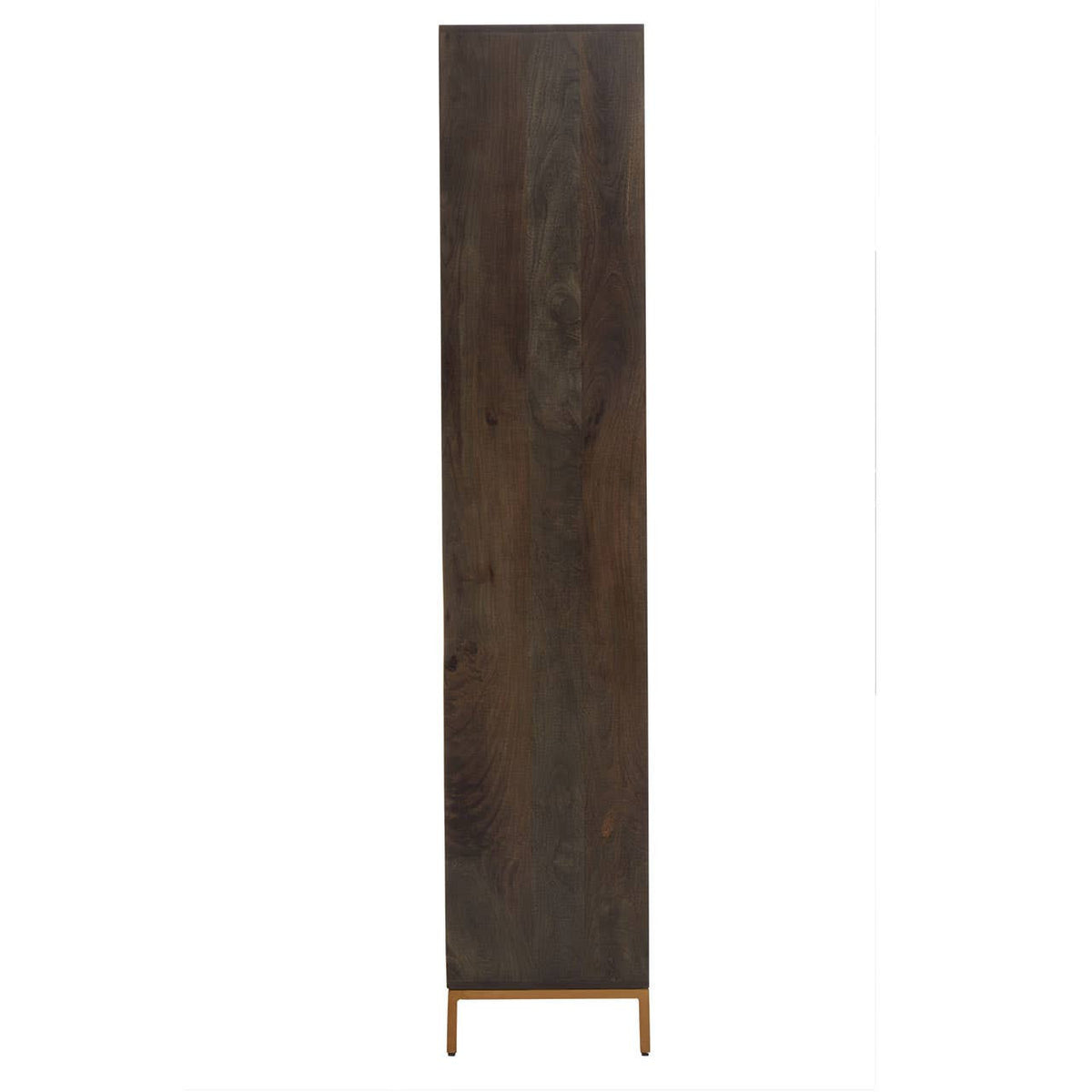 Tall cabinet made of mango wood with a grey finish, featuring a sleek, minimalist design and standing on slender legs. The cabinet has a smooth surface and a rich wood grain texture, emphasizing its natural beauty