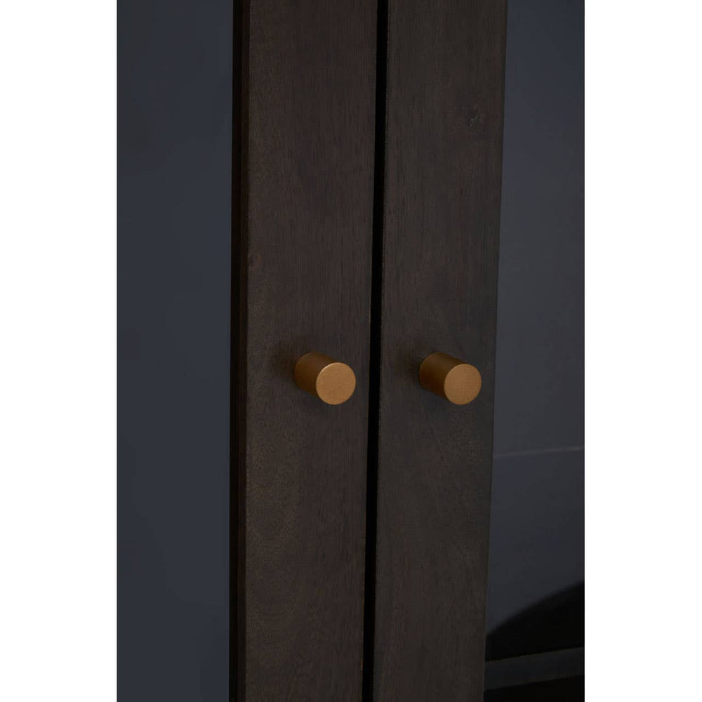 Tall cabinet featuring a grey finish made from mango wood, with two doors and round wooden handles. The cabinet has a sleek design and a minimalist aesthetic, suitable for modern home decor