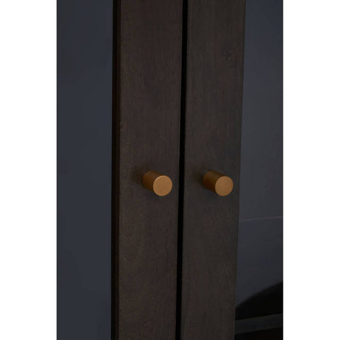 Tall cabinet featuring a grey finish made from mango wood, with two doors and round wooden handles. The cabinet has a sleek design and a minimalist aesthetic, suitable for modern home decor