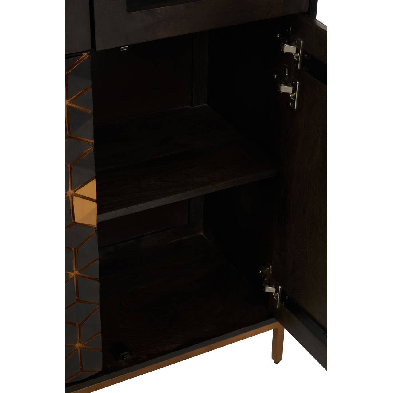 Tall cabinet made of mango wood with a grey finish, featuring a sleek design. The cabinet door is open, revealing two spacious shelves inside, perfect for storage. The cabinet stands on slender legs, adding a modern touch to its overall appearance