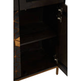 Tall cabinet made of mango wood with a grey finish, featuring a sleek design. The cabinet door is open, revealing two spacious shelves inside, perfect for storage. The cabinet stands on slender legs, adding a modern touch to its overall appearance
