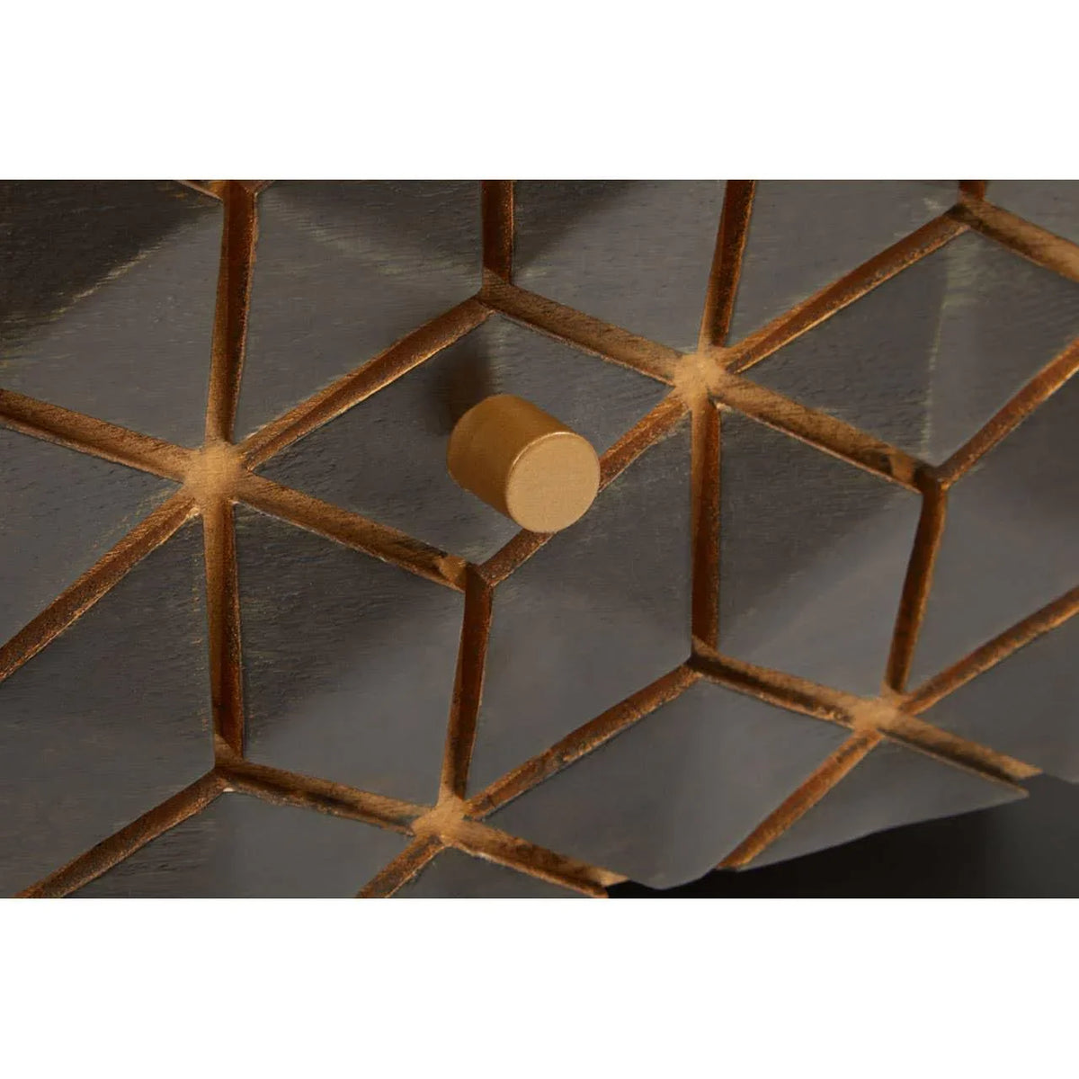 Geometric wood cabinet drawer with gold knob and textured pattern detail