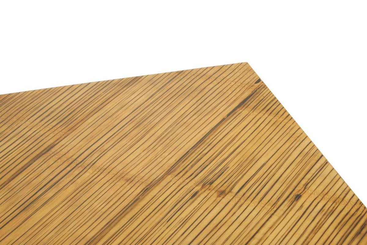 Closeup of rectangular wood dining table top with striped grain pattern