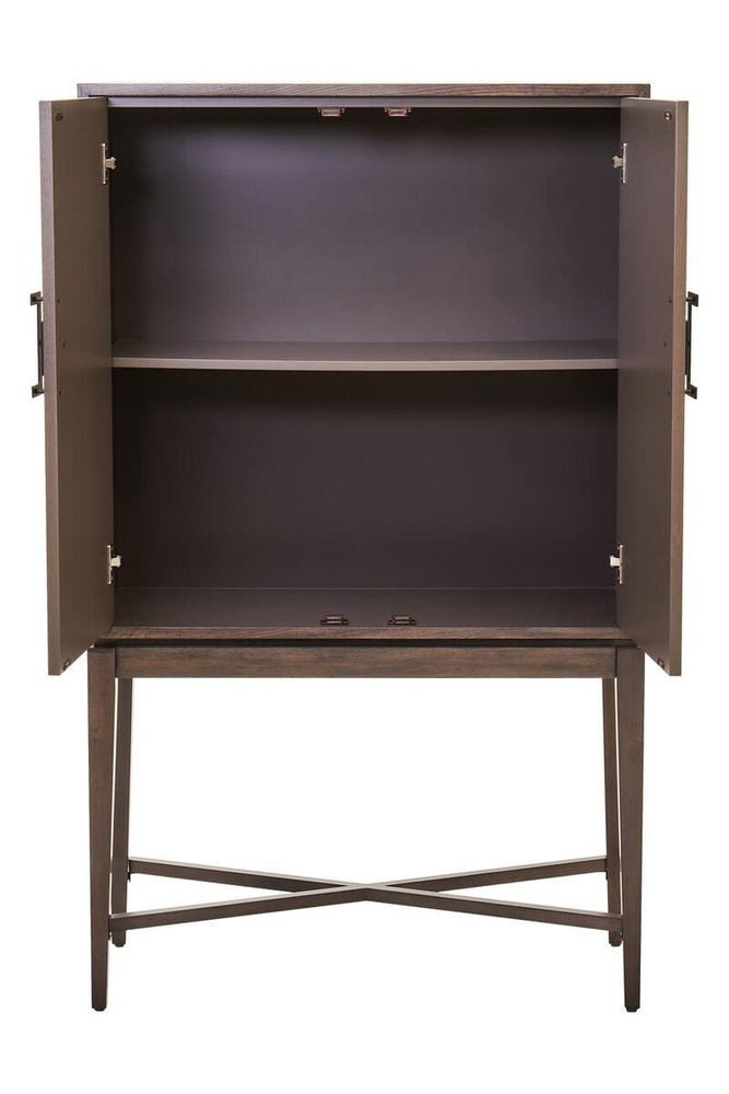 Antique grey cabinet with two doors, featuring a simple design and a cross-legged base, showcasing an empty interior with one shelf