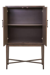 Antique grey cabinet with two doors, featuring a simple design and a cross-legged base, showcasing an empty interior with one shelf