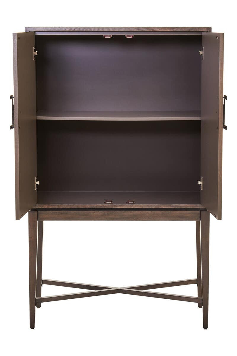 Antique grey cabinet with two doors, featuring a simple design and a cross-legged base, showcasing an empty interior with one shelf