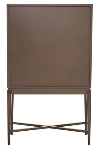 Antique grey cabinet with a minimalist design, featuring a flat front and a sturdy base supported by crossed legs. The cabinet has a smooth finish and a simple, elegant silhouette, making it suitable for various home decor styles