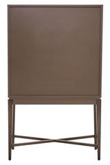Antique grey cabinet with a minimalist design, featuring a flat front and a sturdy base supported by crossed legs. The cabinet has a smooth finish and a simple, elegant silhouette, making it suitable for various home decor styles