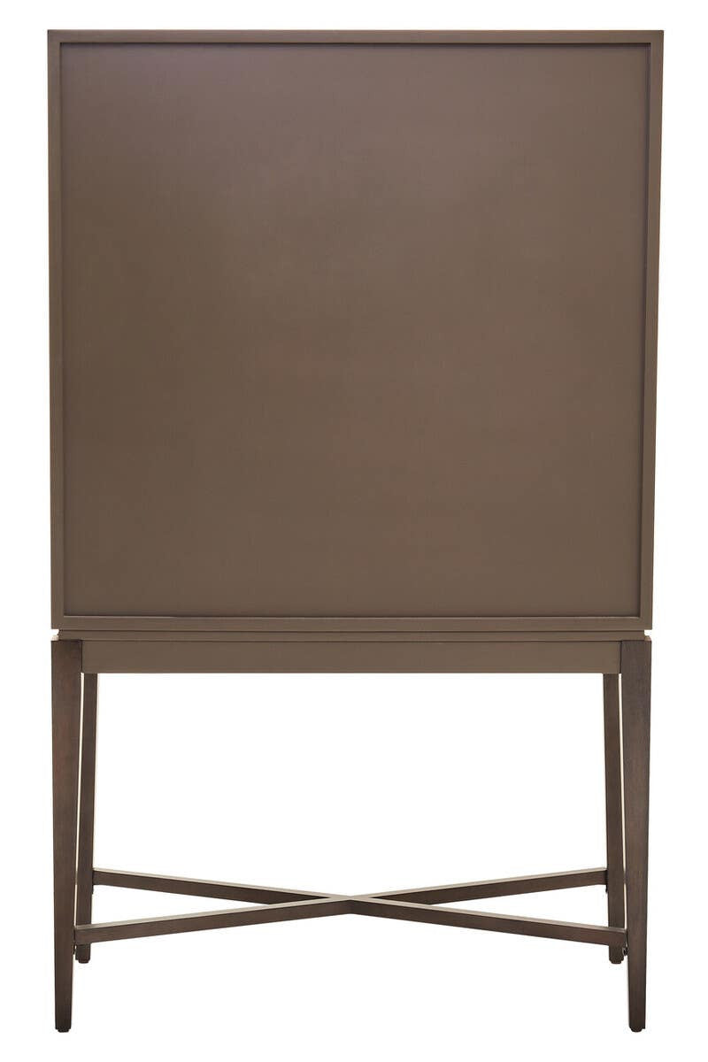 Antique grey cabinet with a minimalist design, featuring a flat front and a sturdy base supported by crossed legs. The cabinet has a smooth finish and a simple, elegant silhouette, making it suitable for various home decor styles