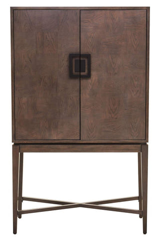 Antique grey cabinet with a sleek design featuring two doors and a square metal handle, supported by a sturdy cross-legged base. The cabinet has a textured finish that adds depth and character to the overall look