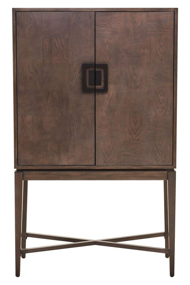 Antique grey cabinet with a sleek design featuring two doors and a square metal handle, supported by a sturdy cross-legged base. The cabinet has a textured finish that adds depth and character to the overall look