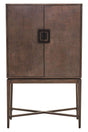 Antique grey cabinet with a sleek design featuring two doors and a square metal handle, supported by a sturdy cross-legged base. The cabinet has a textured finish that adds depth and character to the overall look