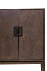 Antique grey cabinet featuring a smooth surface, two doors with a square black handle, and a minimalist design that complements various home decor styles