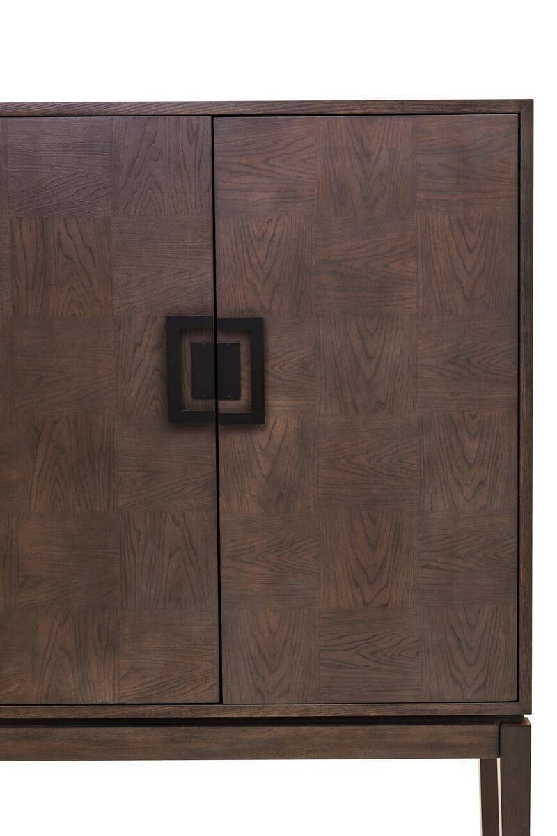 Antique grey cabinet featuring a smooth surface, two doors with a square black handle, and a minimalist design that complements various home decor styles