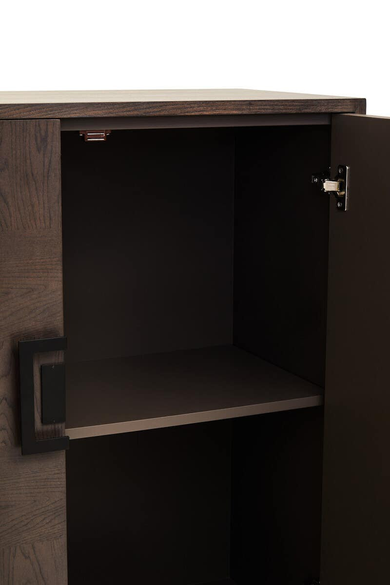Antique grey cabinet with a single door, featuring a sleek handle and an interior shelf, showcasing a minimalist design and a textured finish