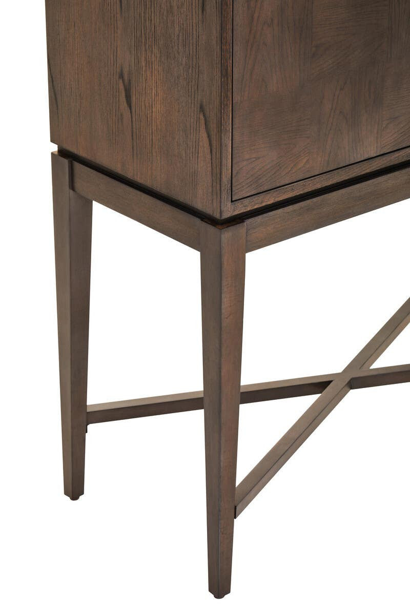 Antique grey cabinet featuring a sleek design with tapered legs and a crossbar support at the base, showcasing a warm wood finish