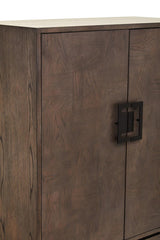Antique grey cabinet featuring a textured wood finish, with a simple black metal handle on the front and clean lines that emphasize its rustic design
