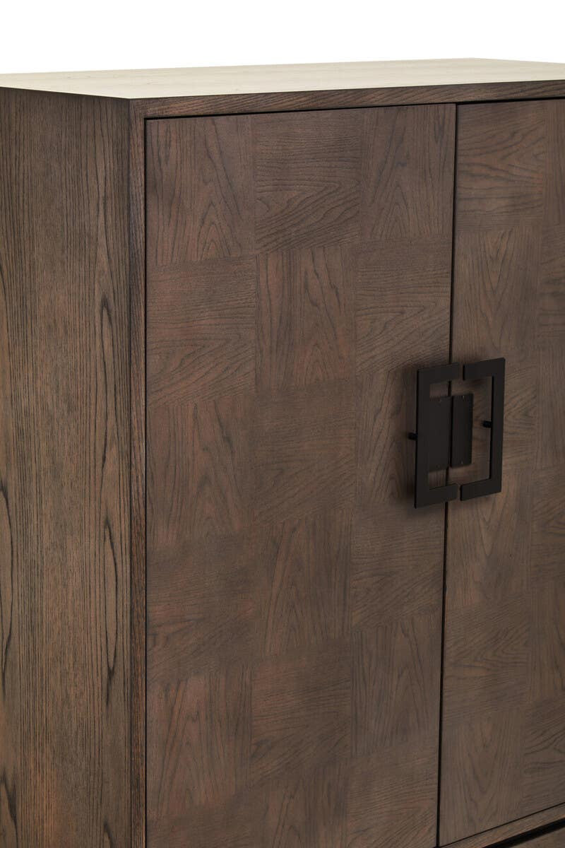 Antique grey cabinet featuring a textured wood finish, with a simple black metal handle on the front and clean lines that emphasize its rustic design