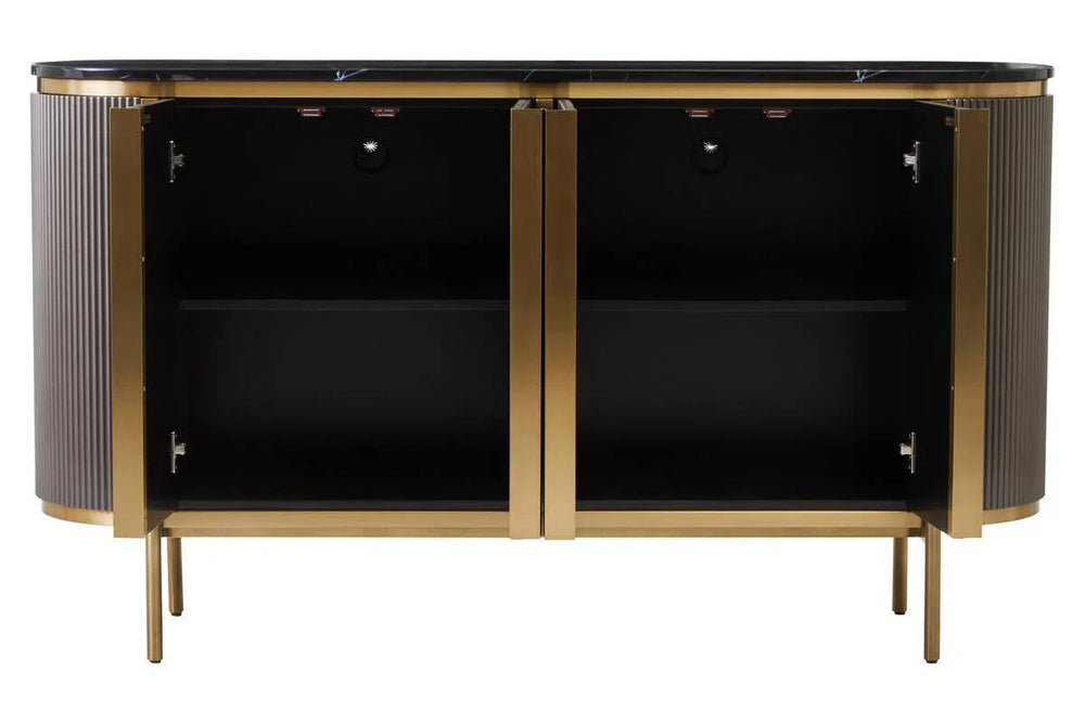 Luxury Grey Fluted Sideboard with Black Marble Top & Gold Legs