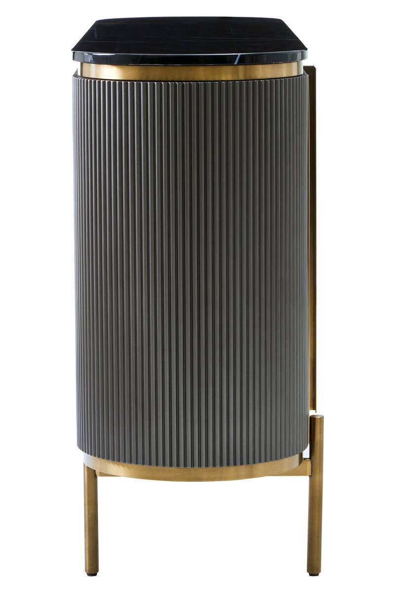 Luxury Grey Fluted Sideboard with Black Marble Top & Gold Legs