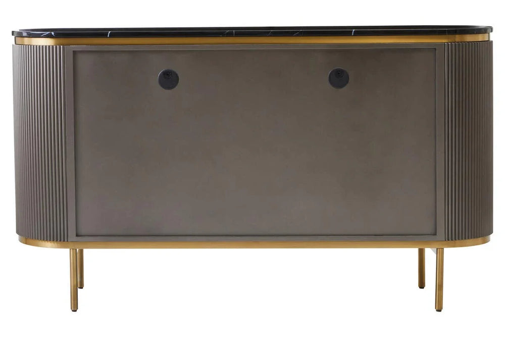 Luxury Grey Fluted Sideboard with Black Marble Top & Gold Legs