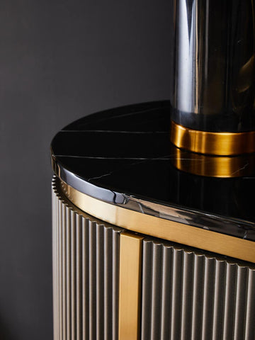 Luxury Grey Fluted Sideboard with Black Marble Top & Gold Legs