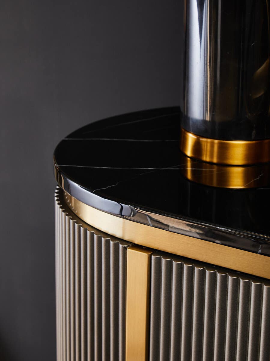 Luxury Grey Fluted Sideboard with Black Marble Top & Gold Legs