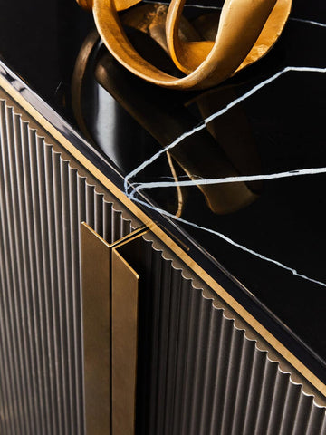Luxury Grey Fluted Sideboard with Black Marble Top & Gold Legs
