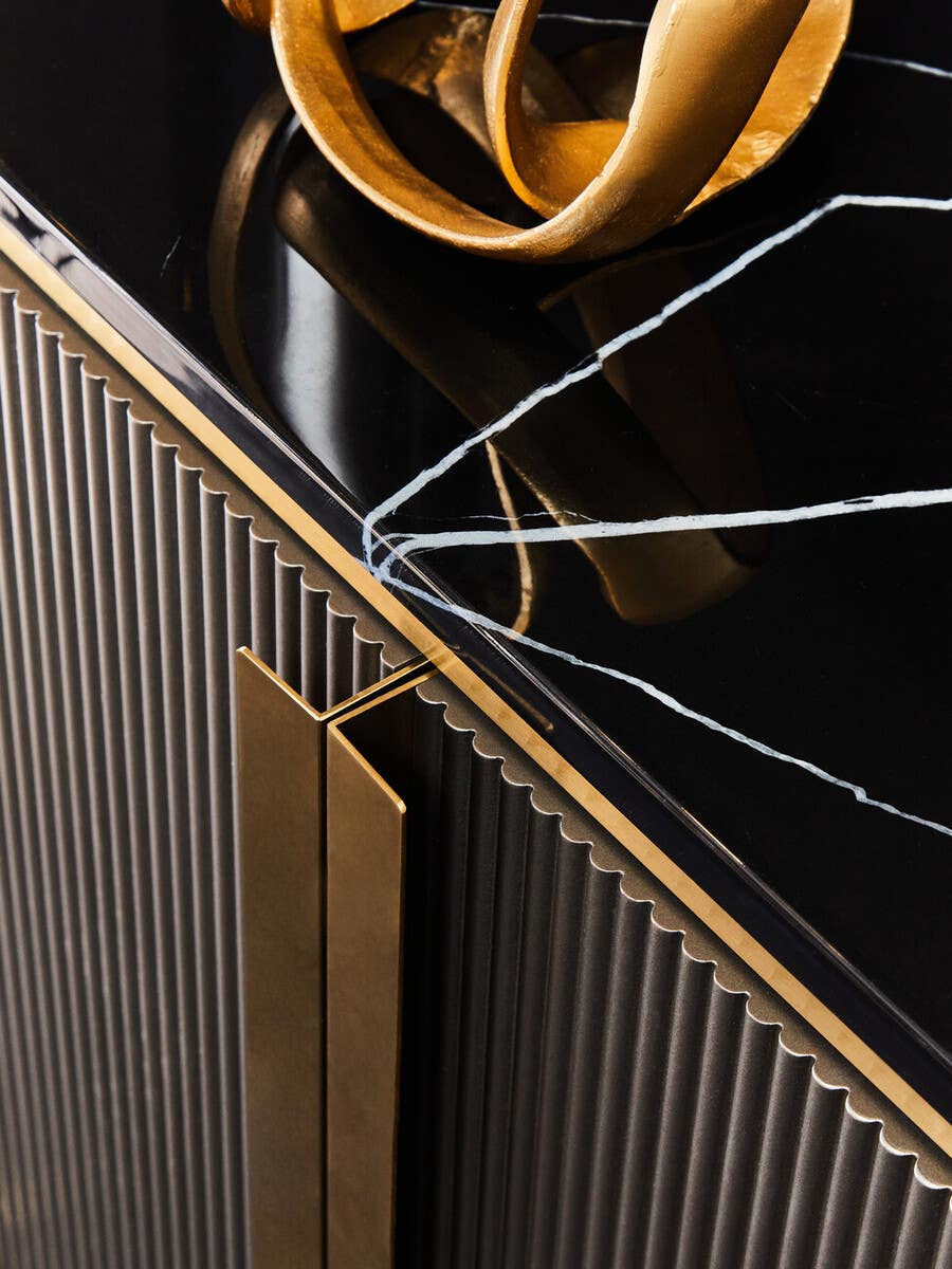 Luxury Grey Fluted Sideboard with Black Marble Top & Gold Legs