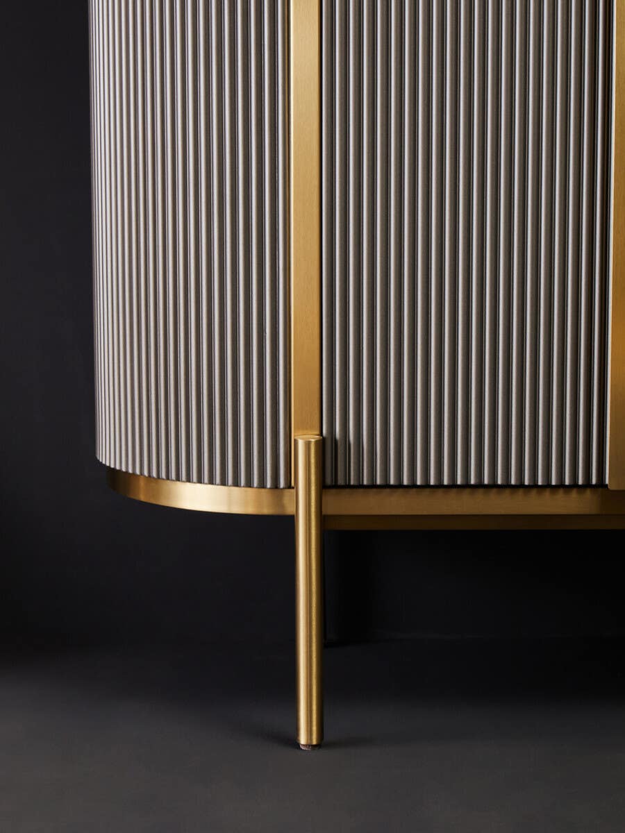 Luxury Grey Fluted Sideboard with Black Marble Top & Gold Legs