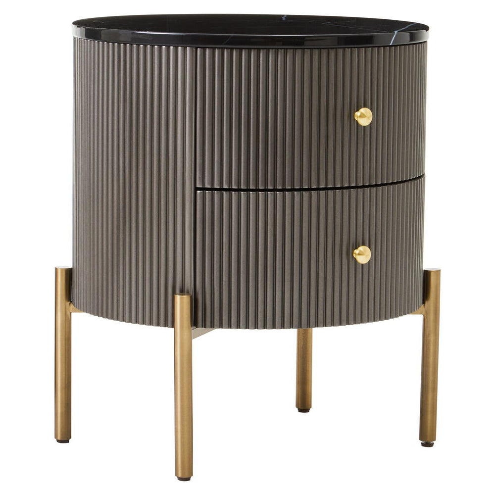 Grey two-drawer chest featuring a sleek black marble top, ribbed texture on the body, and gold-colored round drawer handles. The chest is supported by four slender wooden legs, adding a modern touch to the design