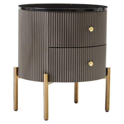 Grey two-drawer chest featuring a sleek black marble top, ribbed texture on the body, and gold-colored round drawer handles. The chest is supported by four slender wooden legs, adding a modern touch to the design