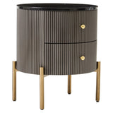 Grey two-drawer chest featuring a sleek black marble top, ribbed texture on the body, and gold-colored round drawer handles. The chest is supported by four slender wooden legs, adding a modern touch to the design