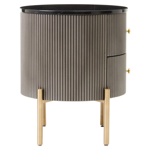 Grey two-drawer chest featuring a sleek black marble top, round body with vertical grooves, and gold legs. The chest has two drawers with minimalist gold handles, adding a modern touch to home decor