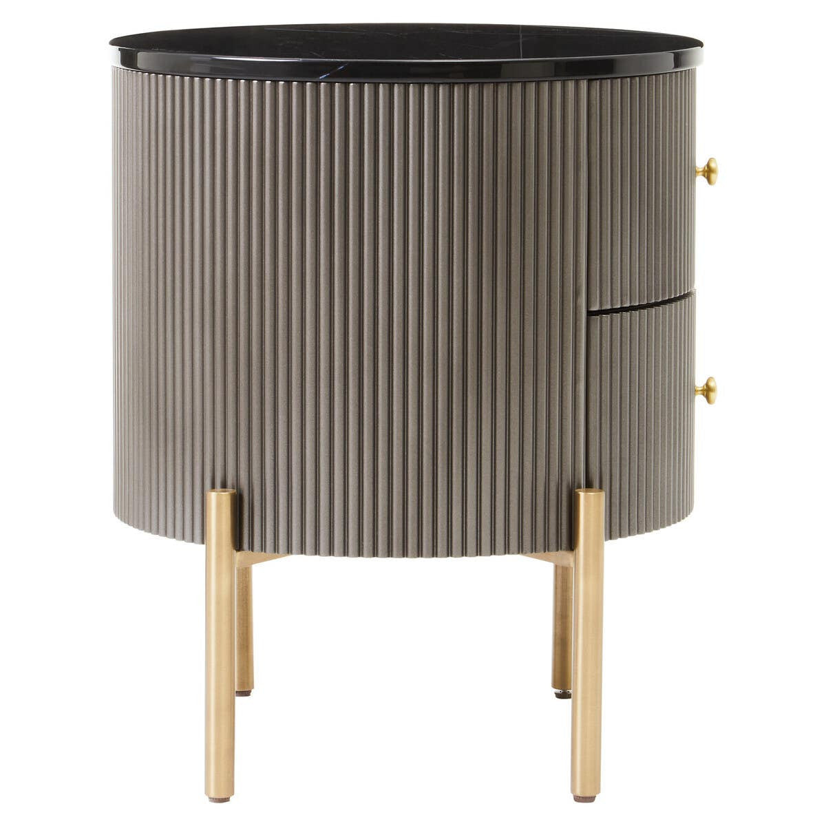 Grey two-drawer chest featuring a sleek black marble top, round body with vertical grooves, and gold legs. The chest has two drawers with minimalist gold handles, adding a modern touch to home decor