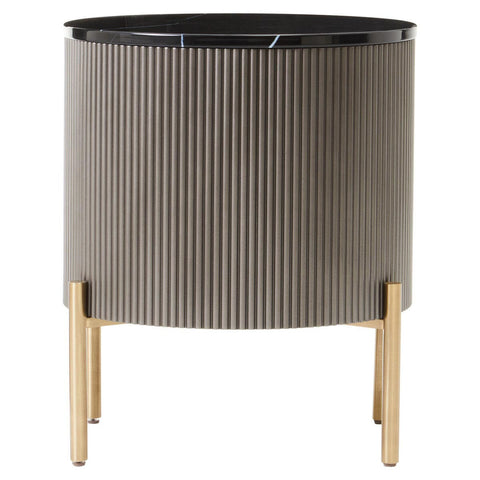 Two-drawer chest featuring a sleek grey body with vertical ribbed detailing, complemented by a black marble top. The chest stands on four slender gold legs, adding a touch of elegance to its modern design