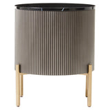 Two-drawer chest featuring a sleek grey body with vertical ribbed detailing, complemented by a black marble top. The chest stands on four slender gold legs, adding a touch of elegance to its modern design