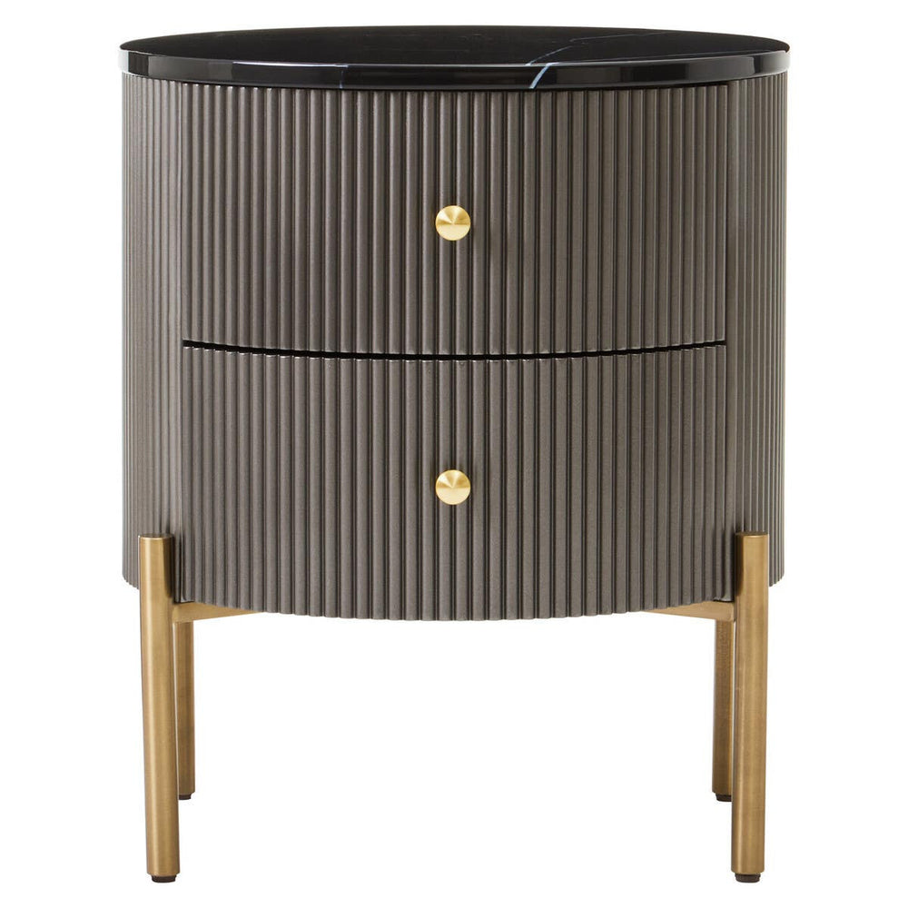 Grey two-drawer chest featuring a sleek black marble top, ribbed texture on the drawers, and gold round knobs. The chest stands on four tapered wooden legs, adding a modern touch to the design