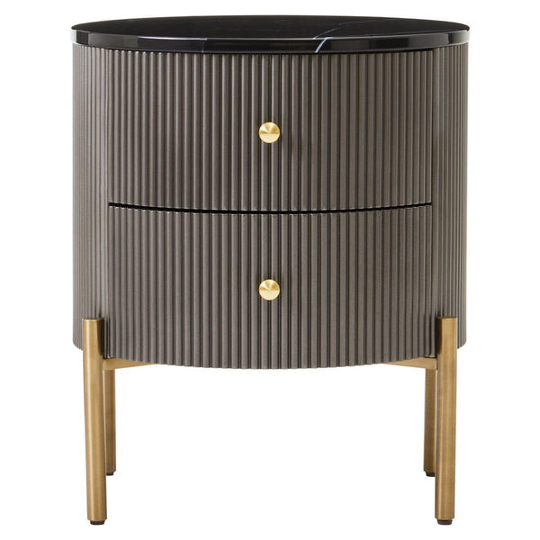 Grey two-drawer chest featuring a sleek black marble top, ribbed texture on the drawers, and gold round knobs. The chest stands on four tapered wooden legs, adding a modern touch to the design