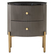 Grey two-drawer chest featuring a sleek black marble top, ribbed texture on the drawers, and gold round knobs. The chest stands on four tapered wooden legs, adding a modern touch to the design
