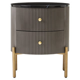 Grey two-drawer chest featuring a sleek black marble top, ribbed texture on the drawers, and gold round knobs. The chest stands on four tapered wooden legs, adding a modern touch to the design