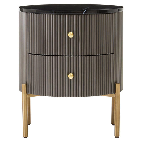 Grey two-drawer chest featuring a sleek black marble top, ribbed texture on the drawers, and gold round knobs. The chest stands on four tapered wooden legs, adding a modern touch to the design