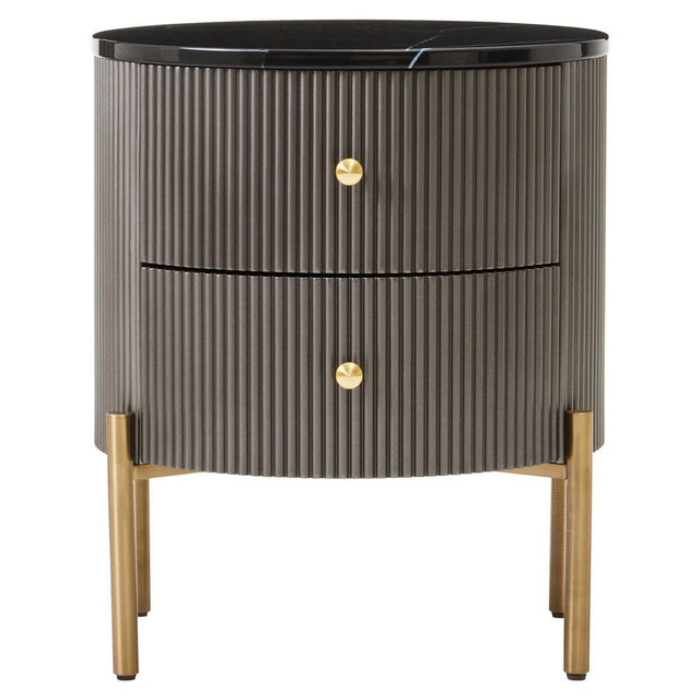 Grey two-drawer chest featuring a sleek black marble top, ribbed texture on the drawers, and gold round knobs. The chest stands on four tapered wooden legs, adding a modern touch to the design