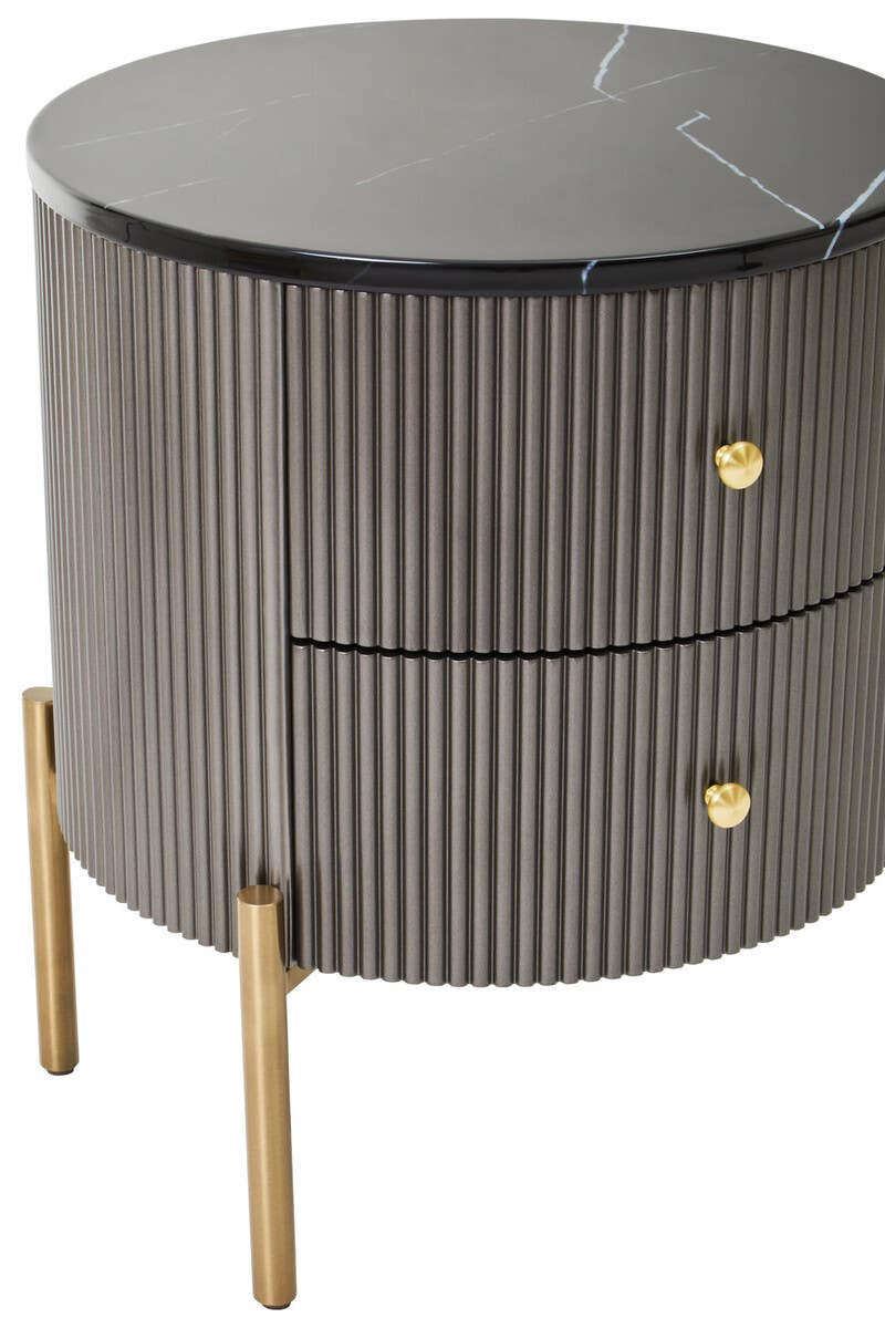 Grey two-drawer chest featuring a sleek black marble top, round shape, and gold knobs. The chest is supported by four wooden legs, adding a modern touch to the design