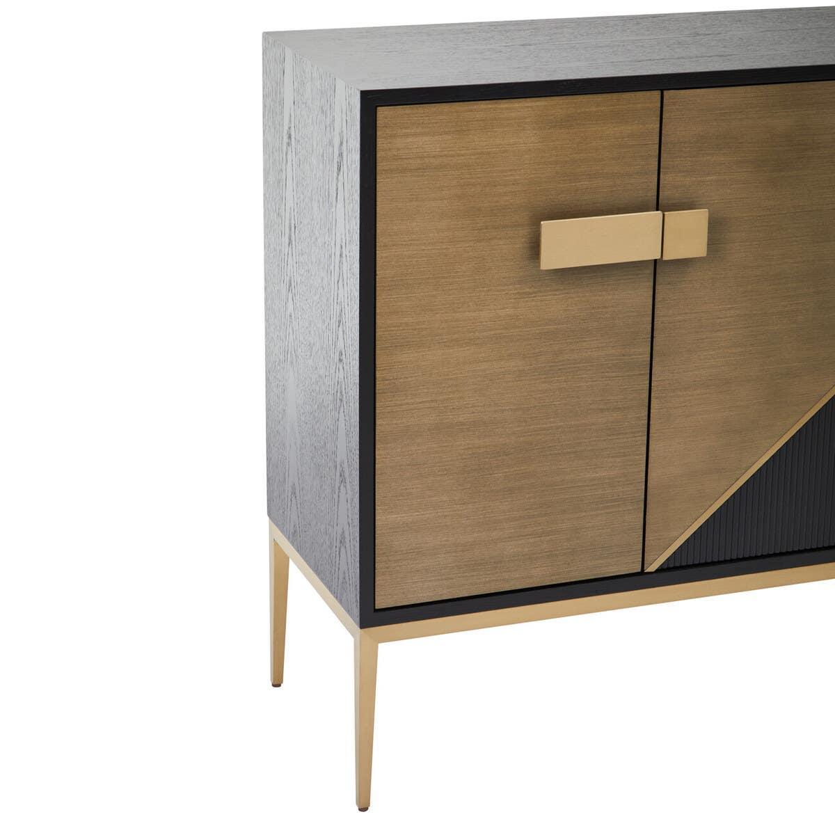 Modern wood sideboard with gold legs and geometric brass handles, partial front view