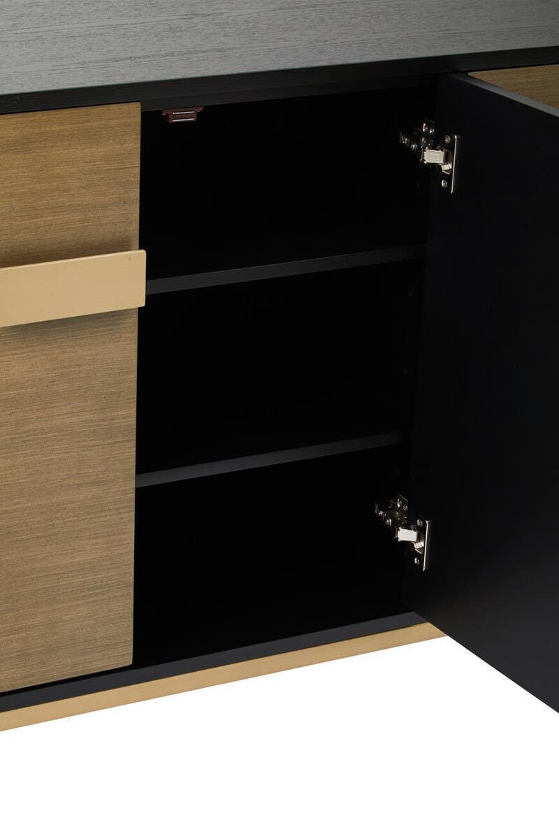 Sideboard cabinet with open door showing black interior shelves and wood grain finish panel