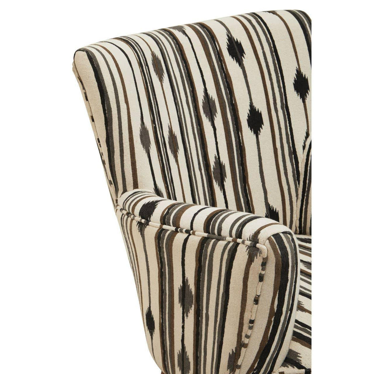 Striped accent chair with beige, brown and black upholstery, close-up of armrest and back
